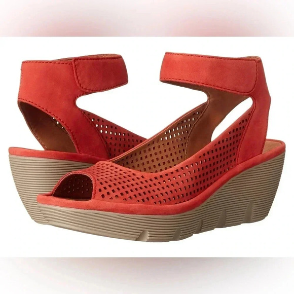 Clarks Red Wedge Sandals - Picture 1 of 4